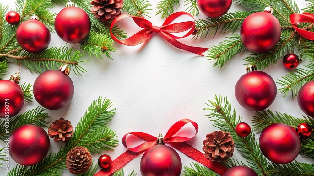 Branches of Christmas fir tree on white background with festive decoration, top view Branches of Christmas fir tree on white background with festive decoration, top view