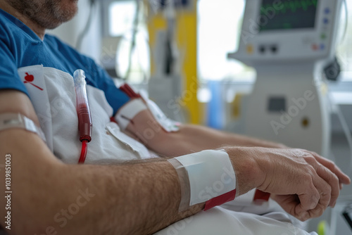 Irreconcilable patient sitting in hospital while undergoing dialysis. photo