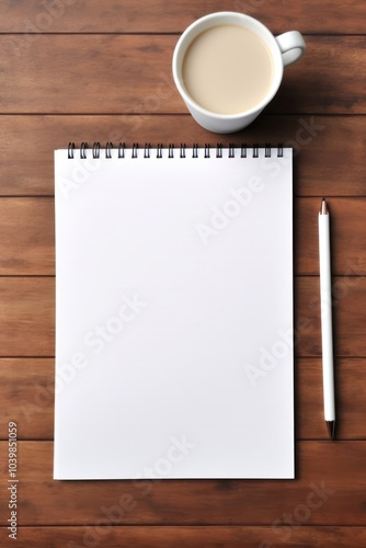 notebook and cup of coffee on wooden table. view from above