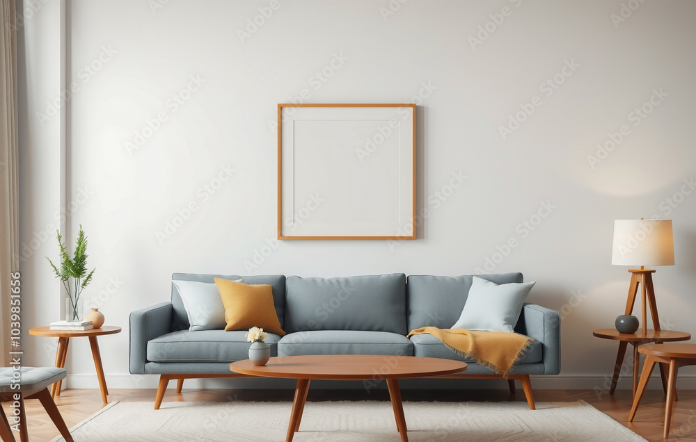Fototapeta premium Framed Artwork Above a Mid-century Modern Sofa in Minimalist Room