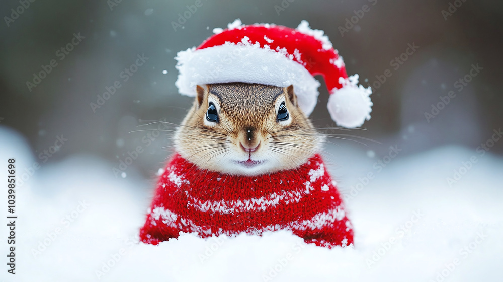 Chipmunk in snow with winter clothes like Santa Claus.. Christmas style hat and sweater. Funny animals in winter Chipmunk in snow with winter clothes like Santa Claus.. Christmas style hat and sweater. Funny animals in winter