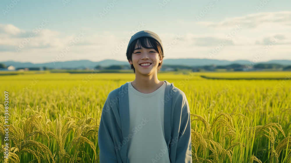 収穫を前にした稲穂と笑顔のティーン 収穫を前にした稲穂と笑顔のティーン