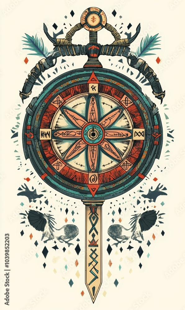 Ornate sword with compass and runes. Ornate sword with compass and runes.