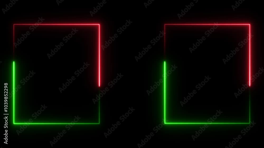 Neon frame, geometric square shape frame glowing animation. neon abstract geometric frame on black background. Neon frame, geometric square shape frame glowing animation. neon abstract geometric frame on black background.