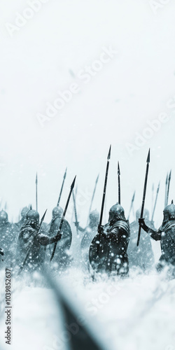 Medieval warriors marching in a snowy battlefield with spears and shields photo