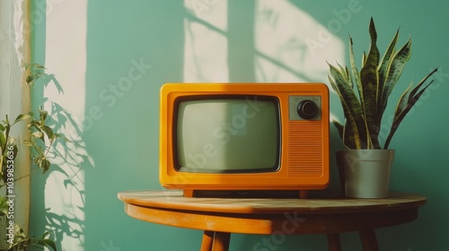 A retro orange TV set sits on a wooden table, against a mint green wall, evoking vintage vibes in an Instagram-style filtered photo. photo