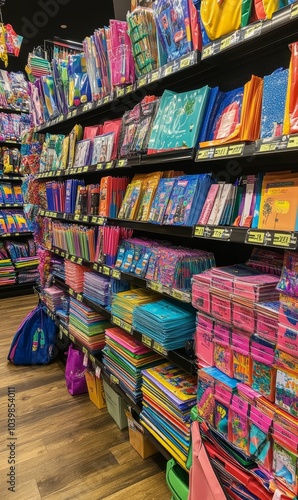 Colorful notebooks stacked on shelves in store.