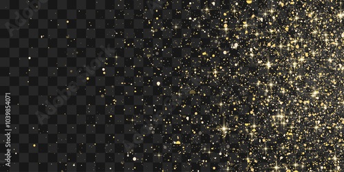 Vector gold glitter particles with texture. Shimmering gold particles with a shine effect on a transparent background. Amber-colored stardust particles on a png background. Golden burst of confetti