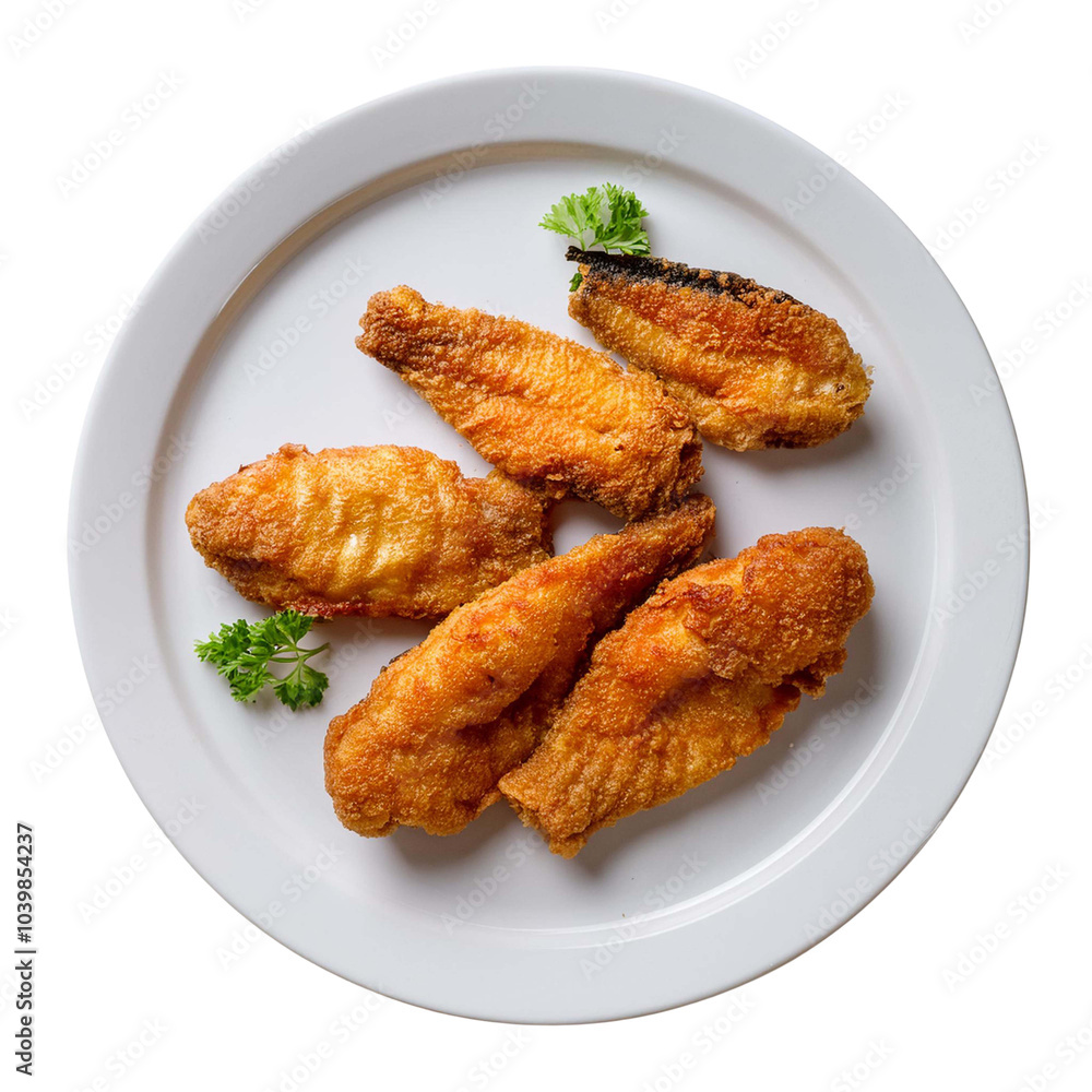 Fish fry on white plate on transparent background top view Fish fry on white plate on transparent background top view