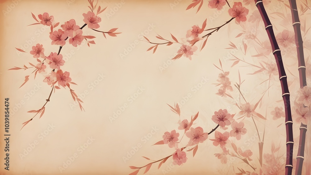 Fototapeta premium Incorporate elements of nature, such as delicate cherry blossoms in bloom and lush bamboo stalks, symbolizing renewal and resilience