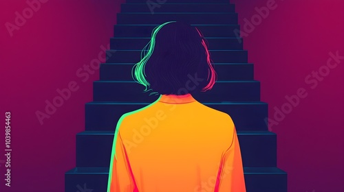 Contemplative figure ascending vibrant, abstract stairs photo