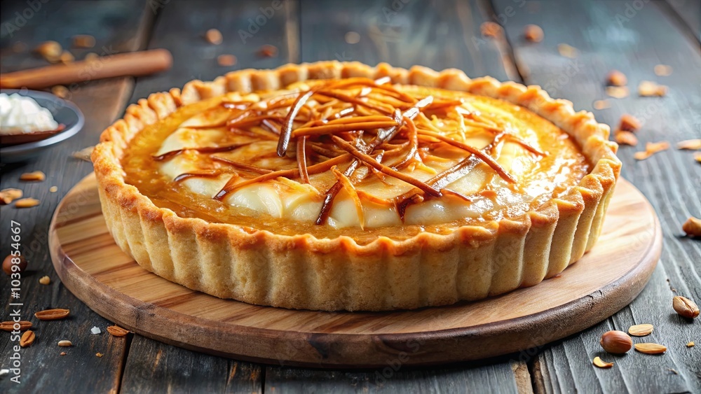 A Buttery Crust Encases a Creamy Filling, Topped with a Caramel Glaze and Caramel Strings. The Whole Pie Rests on a Rustic Wooden Board, Offering a Tempting Indulgence. A Buttery Crust Encases a Creamy Filling, Topped with a Caramel Glaze and Caramel Strings. The Whole Pie Rests on a Rustic Wooden Board, Offering a Tempting Indulgence.