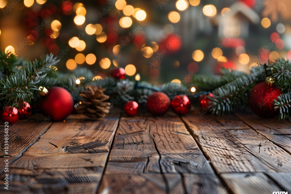 A wooden table topped with christmas ornaments and pine cones A wooden table topped with christmas ornaments and pine cones