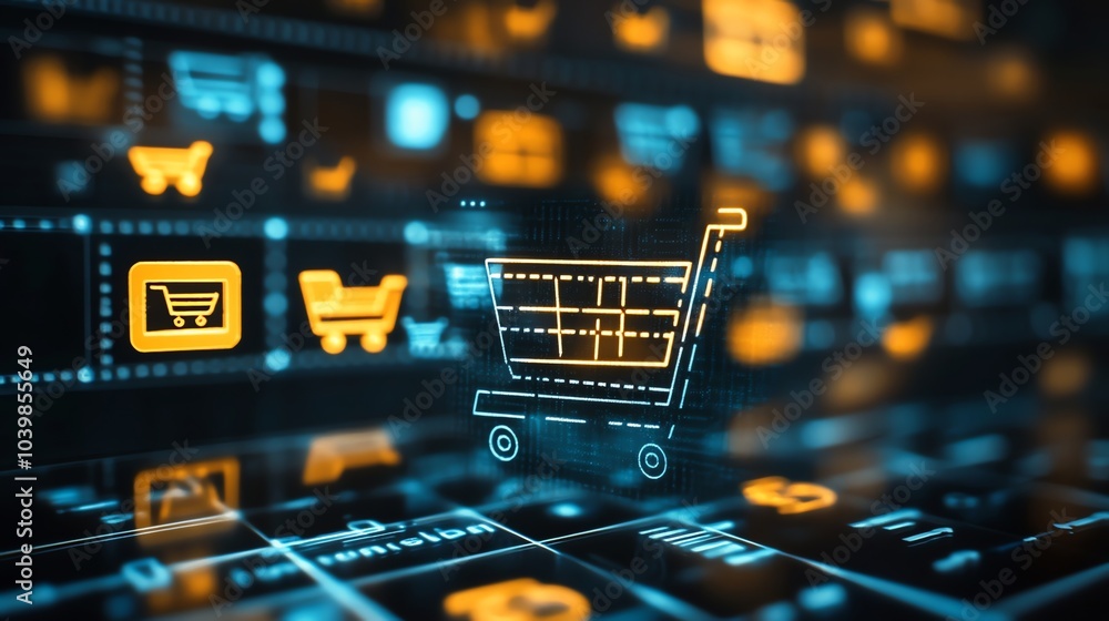 A shopping cart icon hovers over a glowing digital background, representing online shopping and e-commerce. A shopping cart icon hovers over a glowing digital background, representing online shopping and e-commerce.