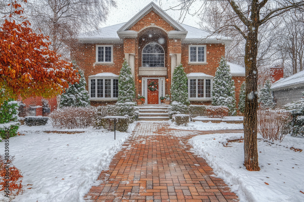 Beautiful home with brick pathway and colorful leaves covered in snow during snowfall. House in suburban neighborhood at winter season