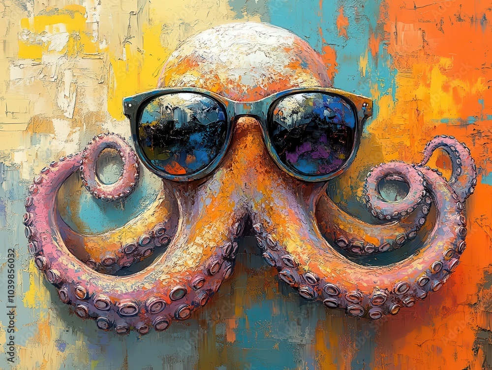 playful octopus wearing sunglasses against a bright, colorful backdrop, embodying a fun and whimsical vibe, perfect for a cheerful artistic expression