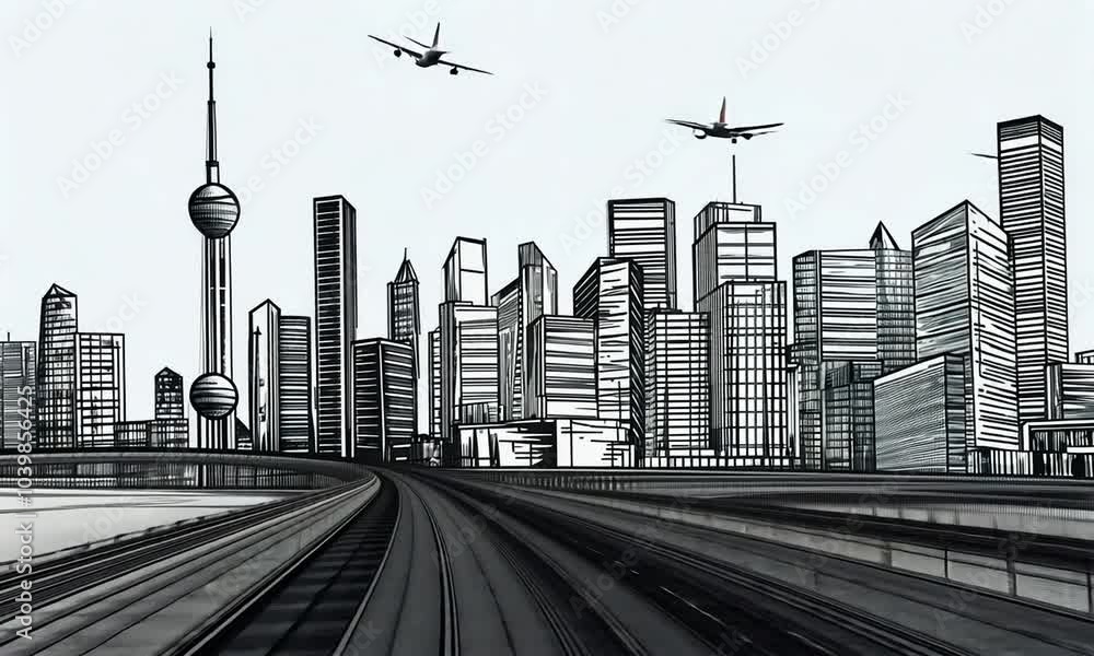 Hand drawn sketch of a city skyline with a plane flying overhead. Hand drawn sketch of a city skyline with a plane flying overhead.