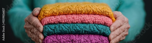 Grandparents gifting a handmade quilt to younger family members, symbolizing heritage, family gathering, love, tradition