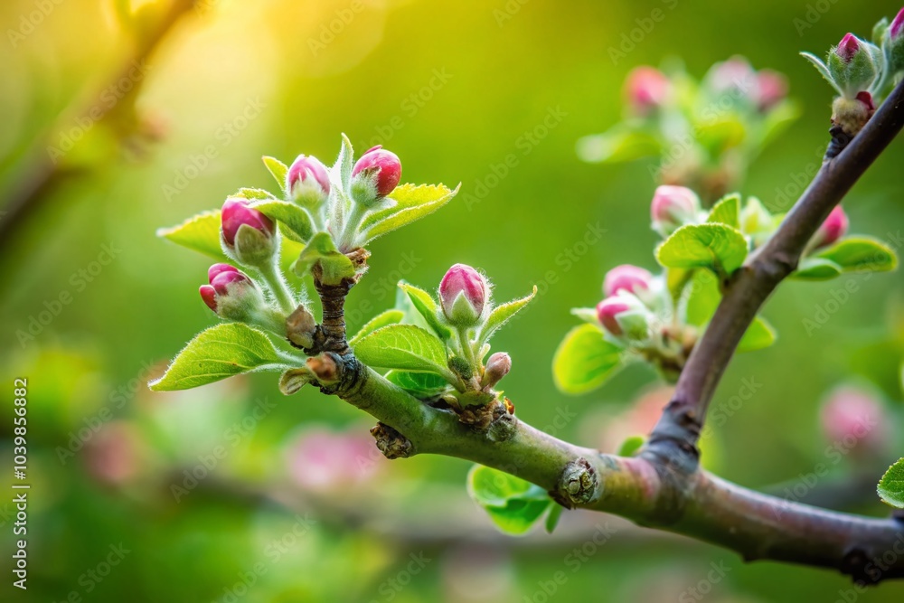 Budding Apple Tree in Spring - Fresh Green Buds on Branches with Copy Space for Nature Themes Budding Apple Tree in Spring - Fresh Green Buds on Branches with Copy Space for Nature Themes