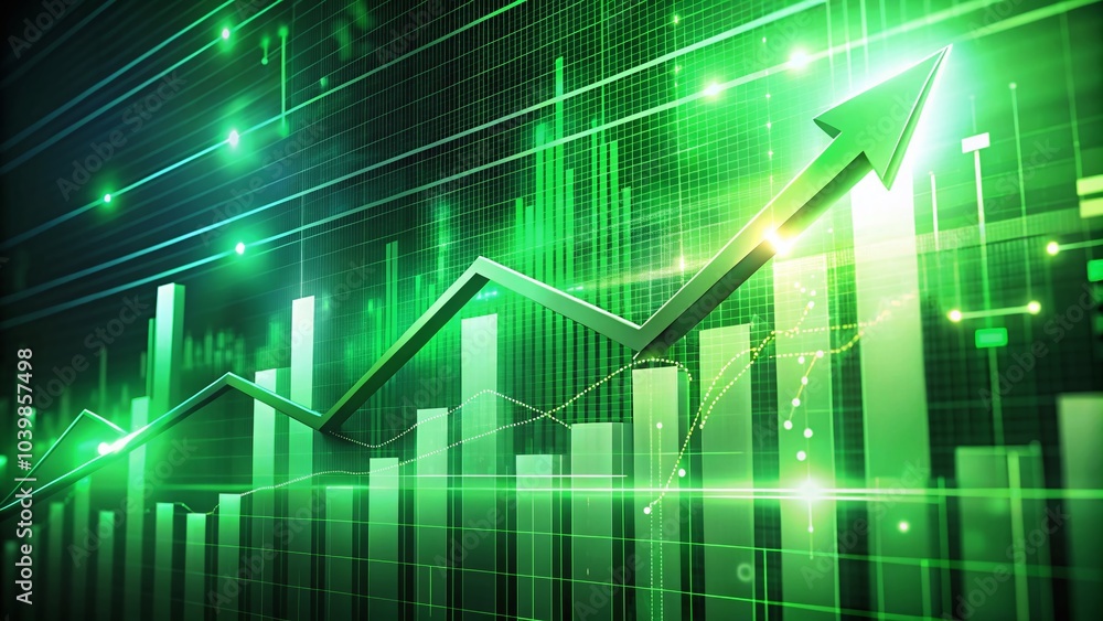 Business Finance Chart with Green Arrow on Digital Background for Financial Growth and Success Business Finance Chart with Green Arrow on Digital Background for Financial Growth and Success