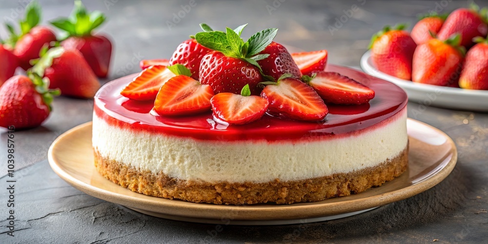 A Delectable Creamy Cheesecake Topped with a Shiny Red Glaze and Fresh Sliced Strawberries A Delectable Creamy Cheesecake Topped with a Shiny Red Glaze and Fresh Sliced Strawberries