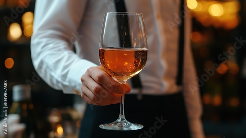  A waiter elegantly presents a glass of sparkling wine