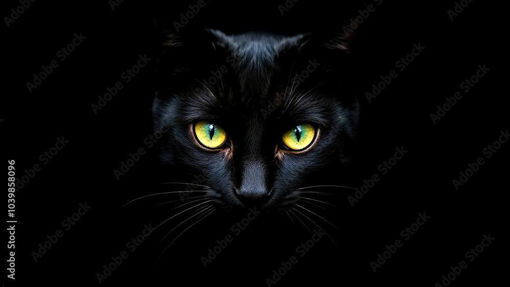 A black cat's face, close-up, with bright yellow eyes.
A black cat's face, close-up, with bright yellow eyes.