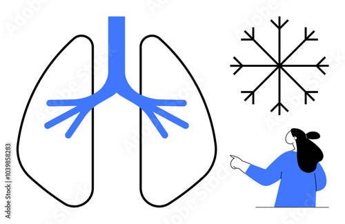 Depiction of human lungs and a snowflake symbol representing cold weather, alongside a person in blue pointing. Ideal for health, respiratory issues, weather impact, cold climate, and medical