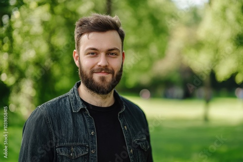 A young man with a beard smiling in a sunny park surrounded by trees and greenery