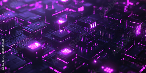 A futuristic neon-lit data center server room, with glowing pink and purple lights reflecting on sleek floors, showcasing high-tech racks filled with data servers.