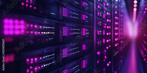 A futuristic neon-lit data center server room, with glowing pink and purple lights reflecting on sleek floors, showcasing high-tech racks filled with data servers.