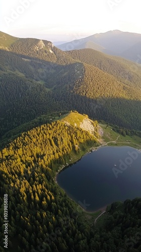 Majestic mountain landscape at sunset revealing a tranquil lake surrounded by lush forests photo