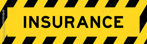 Yellow and black color with line striped label banner with word insurance
