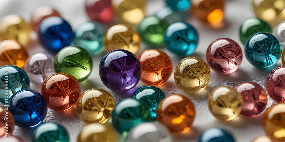 Shiny glass beads, scattered on a white fabric background Shiny glass beads, scattered on a white fabric background