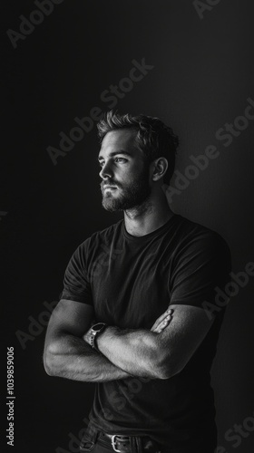 A thoughtful young man stands confidently in a dim space, exuding strength and poise