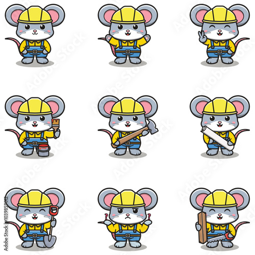 Cute Mouse mascot works in construction. Cute Mouse builder cartoon. Animal builders.