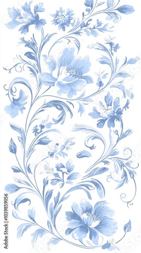 Elegant blue floral pattern design showcasing delicate blooms and intricate vines