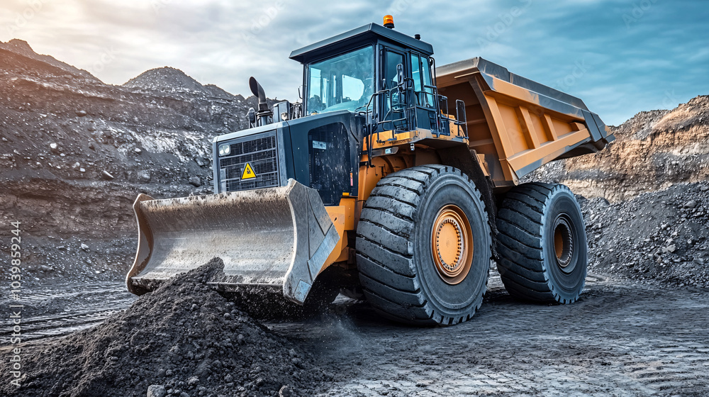 Fototapeta premium Powerful Yellow Mining Dump Truck with Big Tires and Blade in a Coal Mine