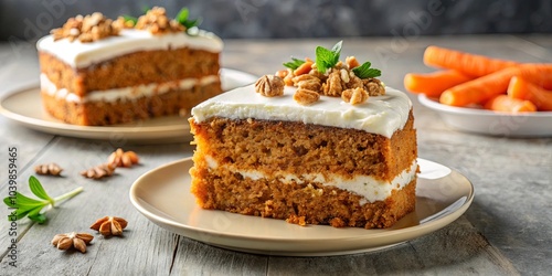 A slice of layered cake with a creamy frosting and sprinkled with crunchy nuts, accompanied by a side of fresh, vibrant carrots.