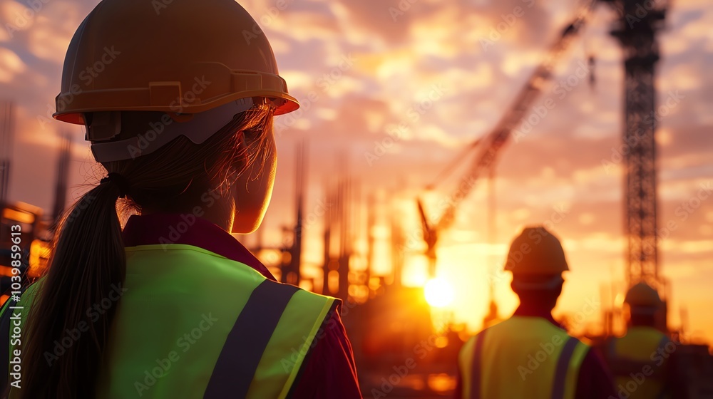 Construction workers observing a sunset at a building site with cranes in the background. Construction workers observing a sunset at a building site with cranes in the background.