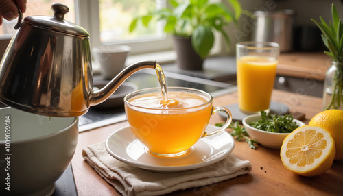 Pouring hot tea into glass cup on kitchen table with fresh lemon and herbs