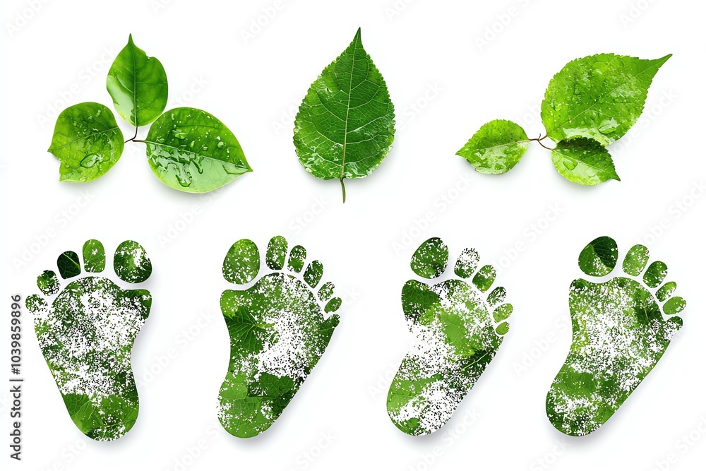 Green leaves and footprints, symbolizing eco-friendliness and nature connection, isolated on white background. Green leaves and footprints, symbolizing eco-friendliness and nature connection, isolated on white background.