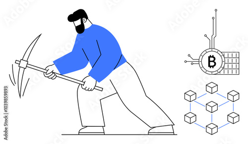 A person wielding a pickaxe symbolizing bitcoin mining with blockchain network and cryptocurrency icon. Ideal for themes of cryptocurrency, blockchain technology, digital economy, fintech innovation