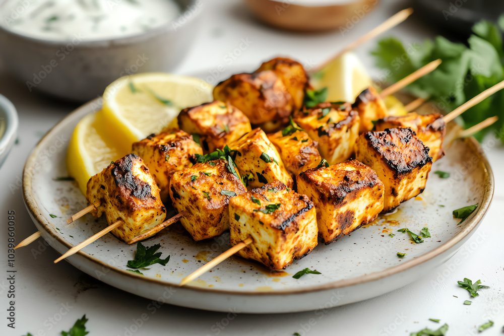 Delicious skewered grilled chicken with lemon Delicious skewered grilled chicken with lemon