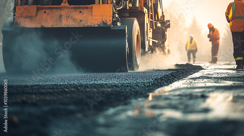 Construction Worker Standing on Hot Asphalt During Road Paving Project