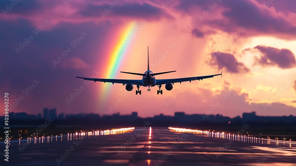 Airplane landing under rainbow in colorful sky at dusk. Airplane landing under rainbow in colorful sky at dusk.