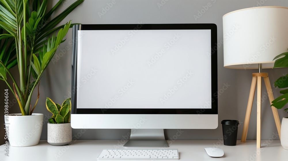 Computer monitor mockup in arranged workplace. Cozy office setting with pc display and lamp template advertising image. Internet technology screen mock up product photorealistic Computer monitor mockup in arranged workplace. Cozy office setting with pc display and lamp template advertising image. Internet technology screen mock up product photorealistic