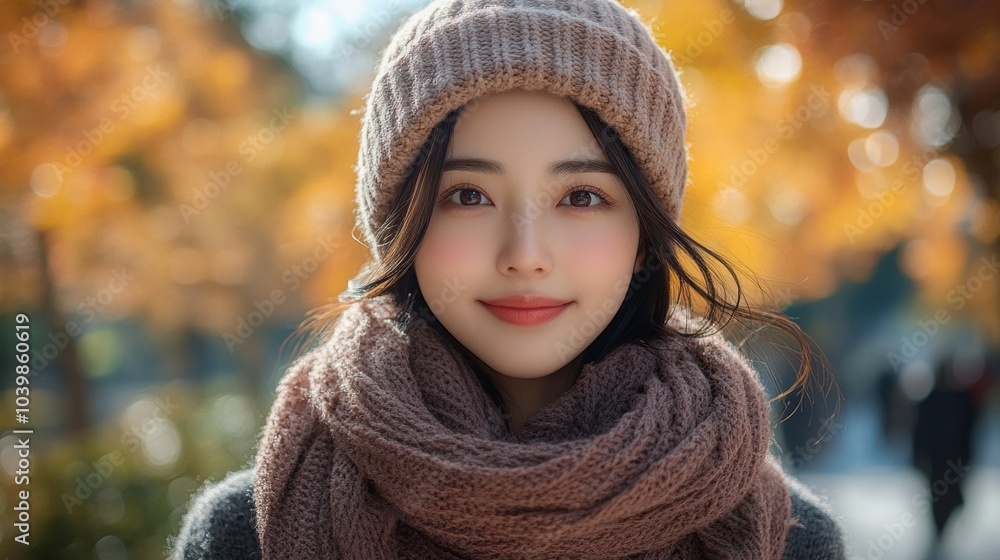 A woman wearing a brown hat and scarf is smiling at the camera A woman wearing a brown hat and scarf is smiling at the camera