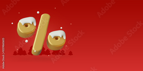 Golden 3d percentage sign with icicles and snow. Winter sale and discount concept on red background design. Vector illustration.