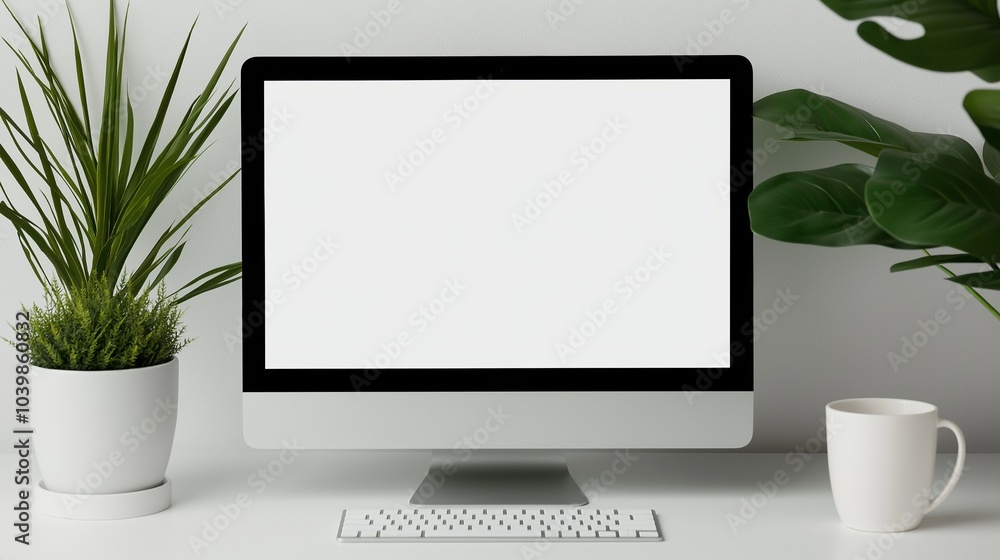 Minimal workplace with computer screen mockup. Houseplants and coffee cup near pc monitor template advertising image. Device screen mock up near white wall product photorealistic Minimal workplace with computer screen mockup. Houseplants and coffee cup near pc monitor template advertising image. Device screen mock up near white wall product photorealistic